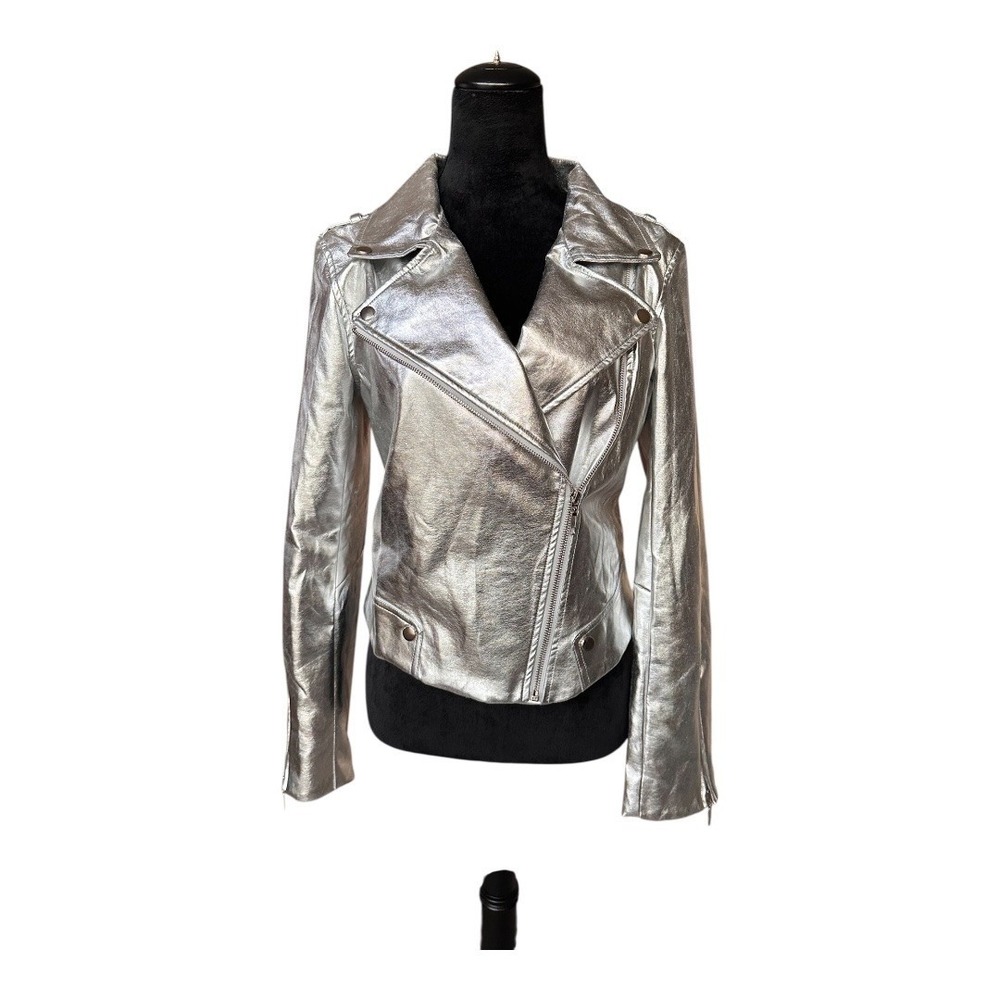 Haoduoyi Womens Metallic Silver Faux Leather Moto Biker Jacket Size M New